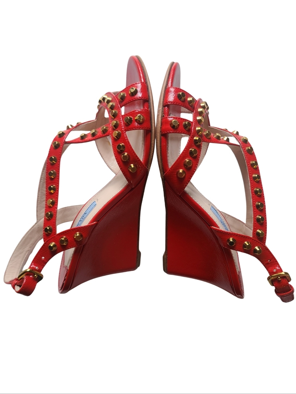 PRADA *EUC* Red Patent Leather Gold Studded Strappy Wedge Sandal 36.5 - Picture 8 of 8